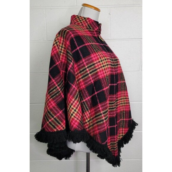 Vintage Dutchmaid Pink Red Plaid Wool Tweed Poncho w. Fringe Jr. Miss 16-18 - Picture 4 of 8
